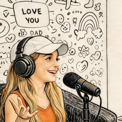 Bella, in a ballcap and headphones at the microphone