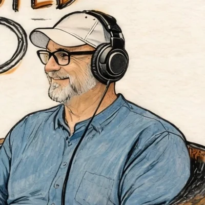 Dad, in a ballcap and headphones