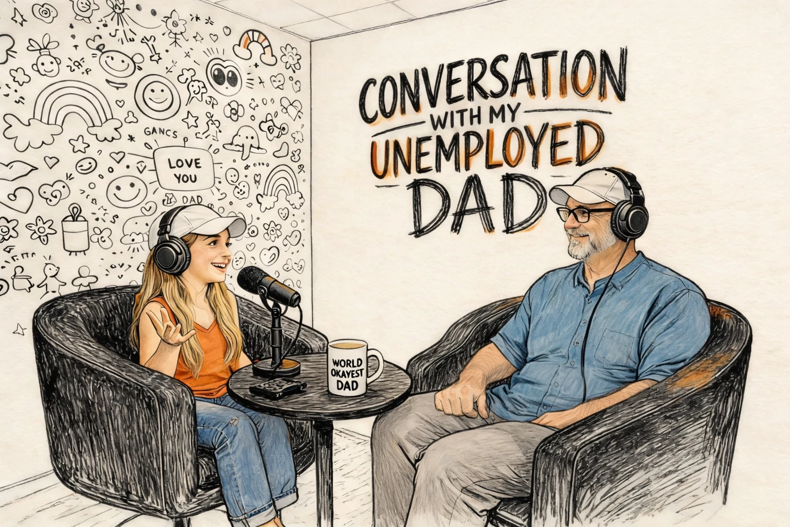 Conversation With My Unemployed Dad: a father and his daughter recording a conversation at a table, with a doodle wall behind them